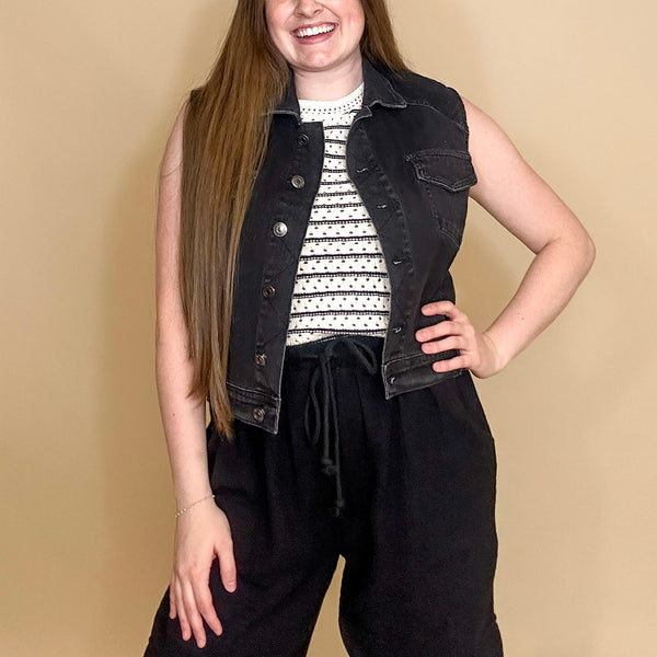 Black Washed Cropped Denim Vest