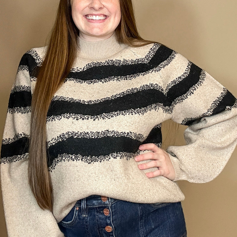 Striped Jacquard Knit Bubble-Sleeve Sweater