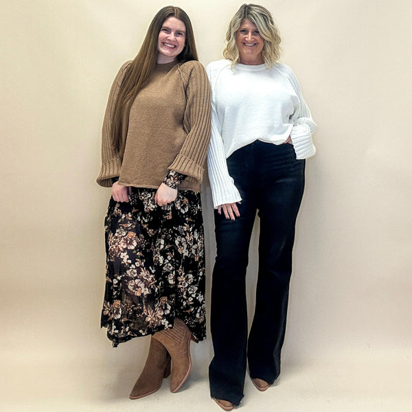 Textured Knit Ribbed-Sleeve Sweater