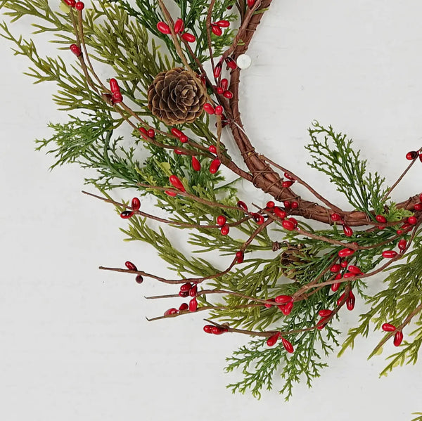 12in Evergreen Pine with Red Pips Wreath