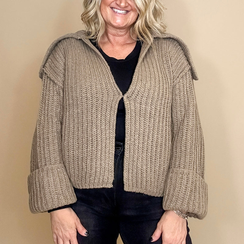 Ribbed Knit Stitched-Sleeve Cardigan