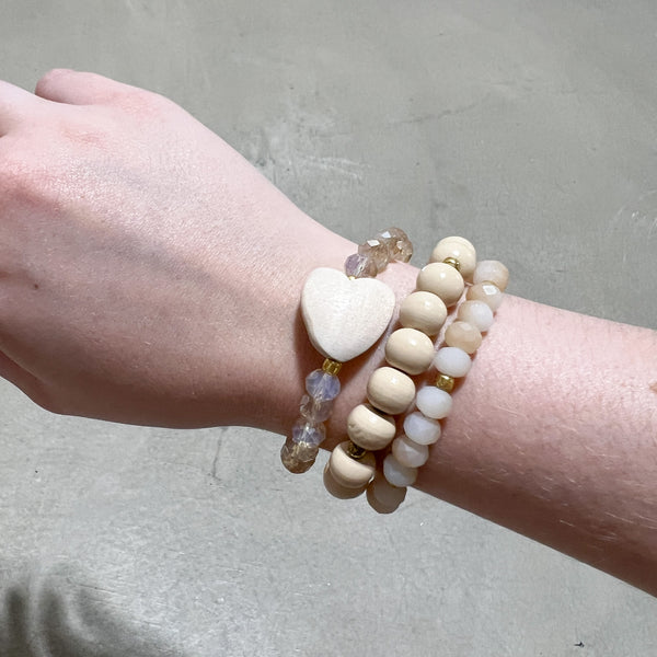 Wood Heart Beaded Bracelet Set