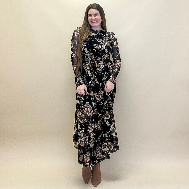 Floral Mesh Smocked Long-Sleeve Dress