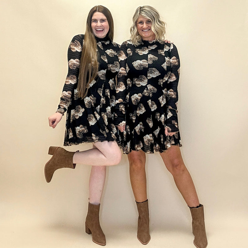 Floral Honeycomb Mesh Long Sleeve Dress