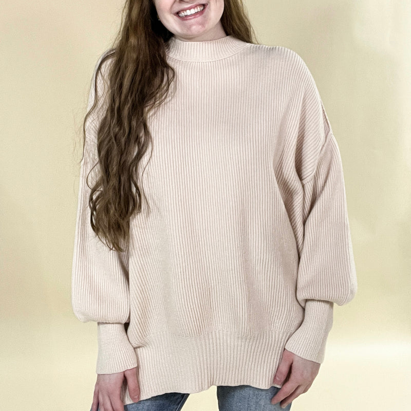 Beige Ribbed Mock Neck Sweater