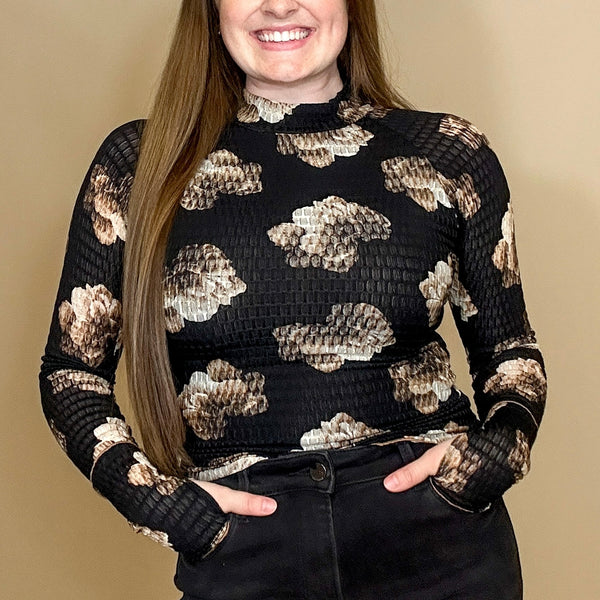Floral Honeycomb Mesh Mock-Neck Top