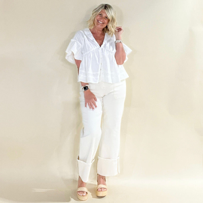 Cream High Rise Straight Patch Pocket Jeans