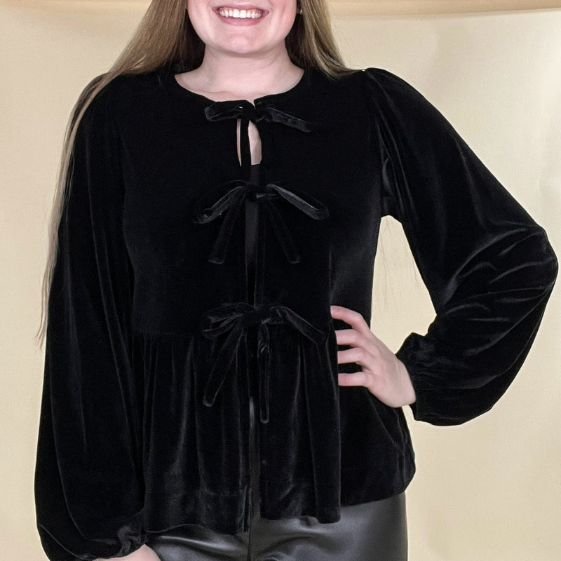 Velvet Bow Tie Peplum Blouse