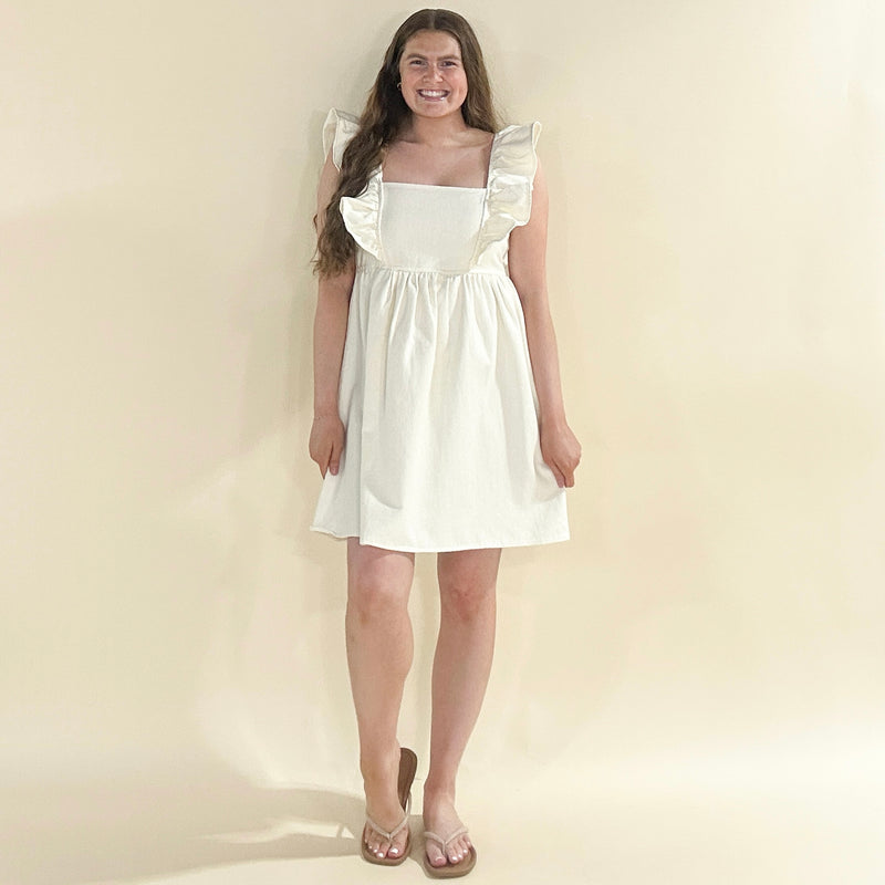 Cream Ruffle Sleeve Denim Dress