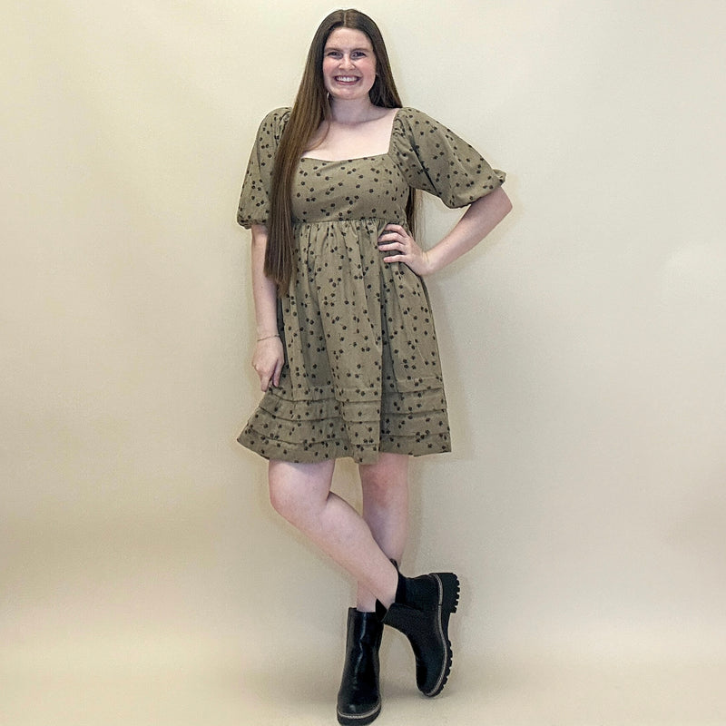 Floral Corduroy Puff Sleeve Dress