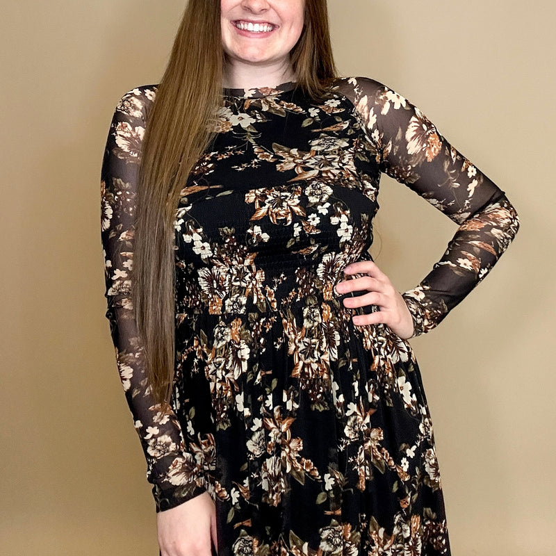 Floral Mesh Smocked Long-Sleeve Dress