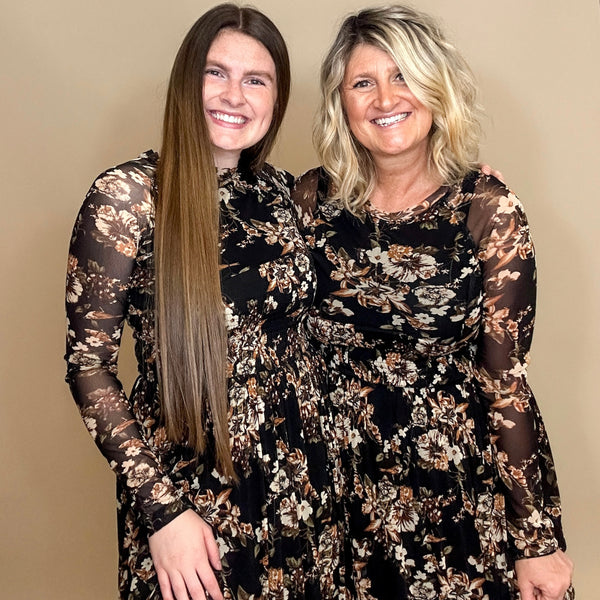 Floral Mesh Smocked Long-Sleeve Dress