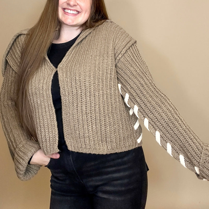 Ribbed Knit Stitched-Sleeve Cardigan