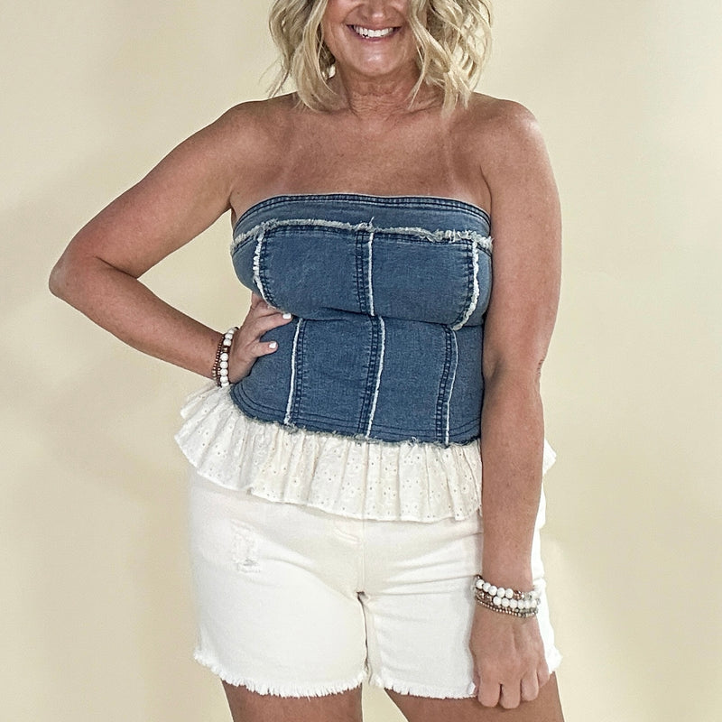 Denim Ruffle Lace Tube Top