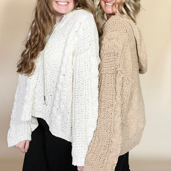 Hooded V-Neck Cable Knit Sweater