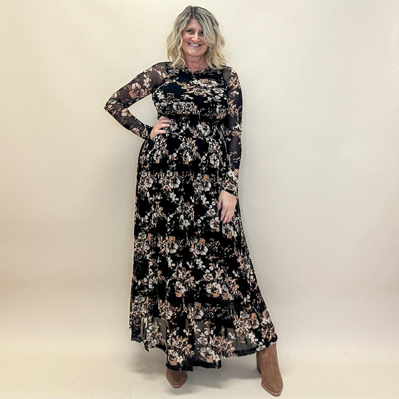 Floral Mesh Smocked Long-Sleeve Dress