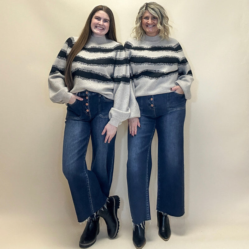 Striped Jacquard Knit Bubble-Sleeve Sweater