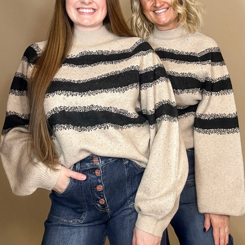 Striped Jacquard Knit Bubble-Sleeve Sweater