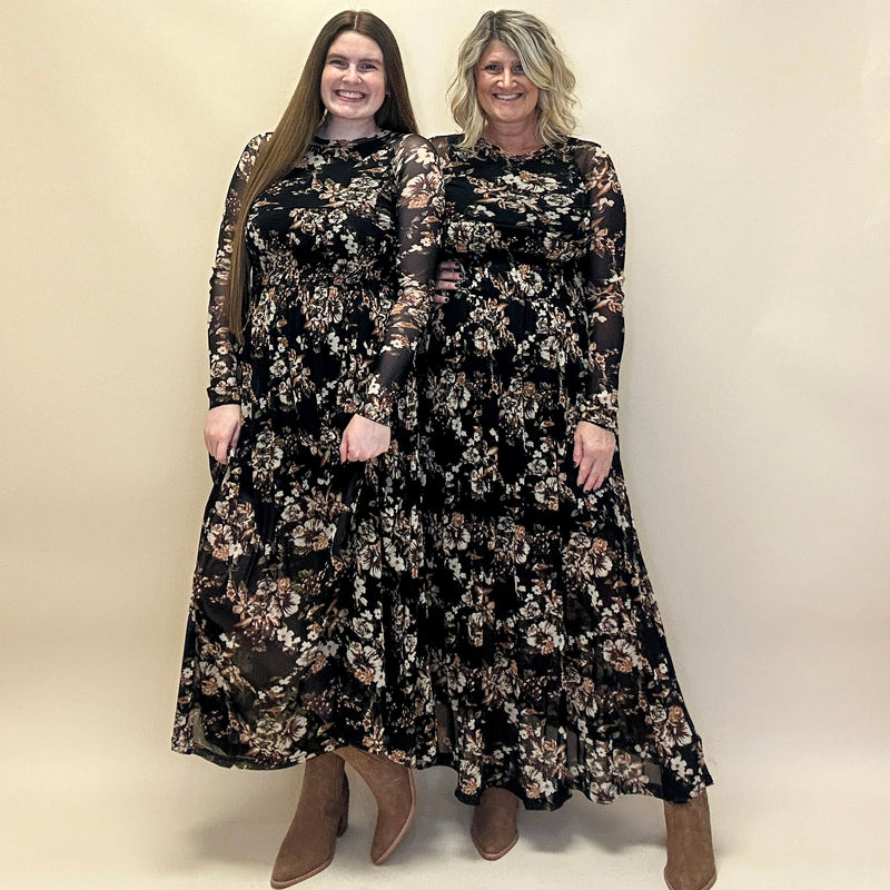 Floral Mesh Smocked Long-Sleeve Dress