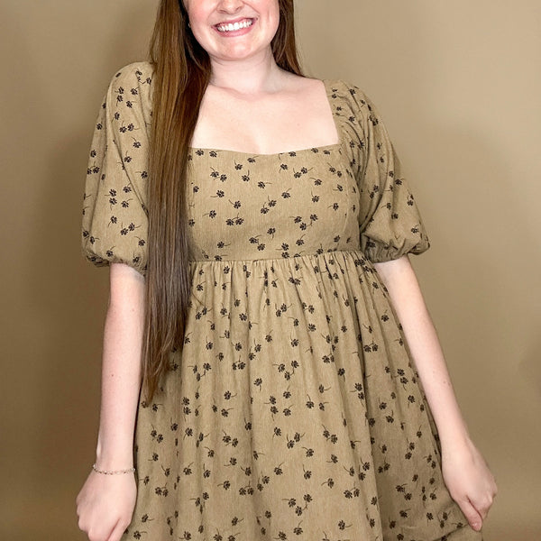 Floral Corduroy Puff Sleeve Dress