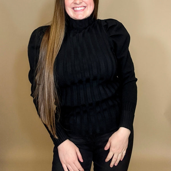 Mock Neck Puff Sleeved Knit Top