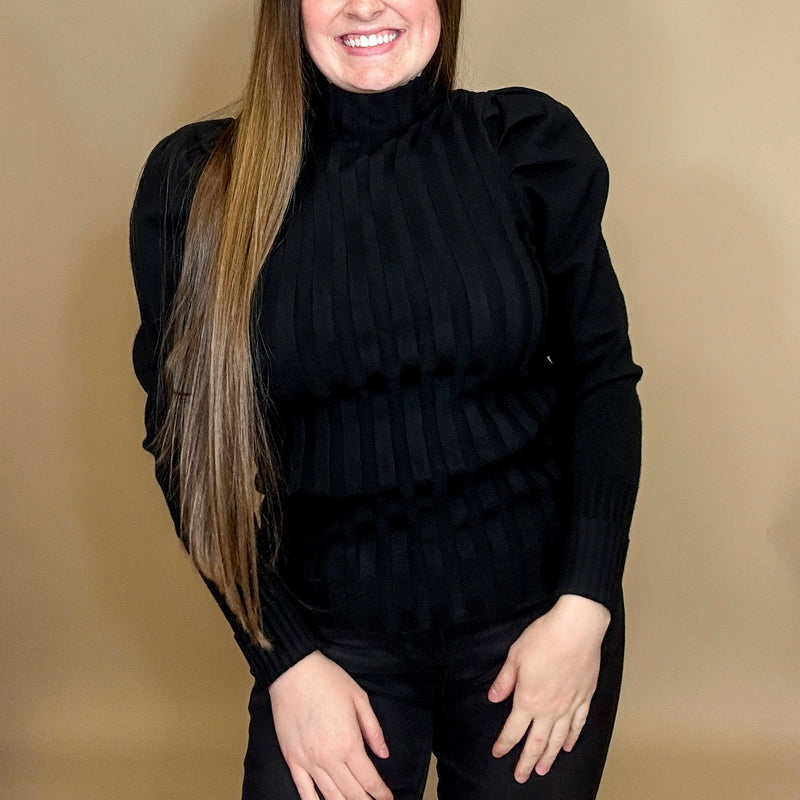 Mock Neck Puff Sleeved Knit Top
