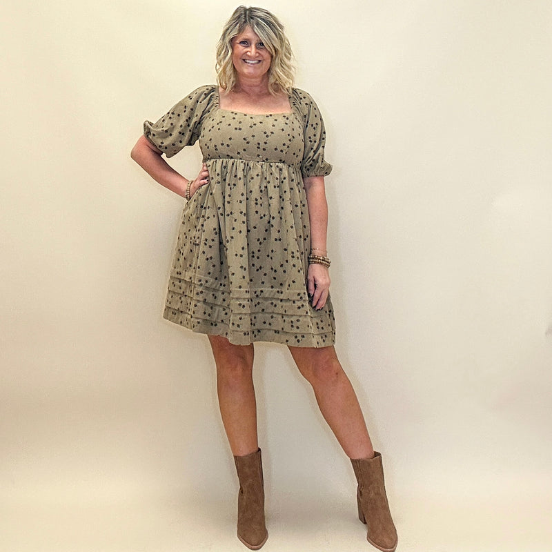 Floral Corduroy Puff Sleeve Dress