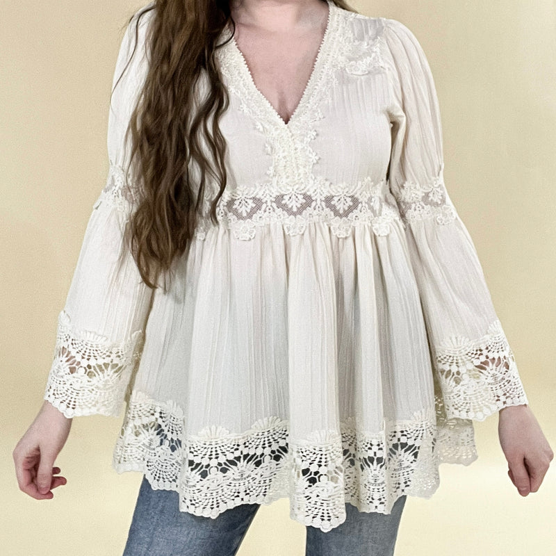 Lace Trimmed Bell Sleeve V-Neck Blouse