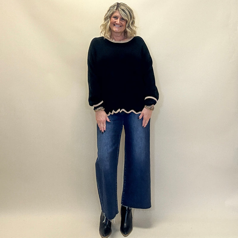 Contrast Scallop Trim Sweater