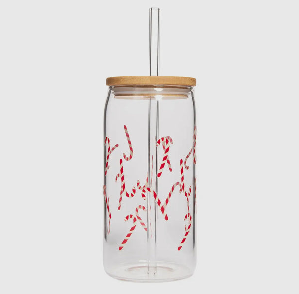 Candy Cane Glass with Straw & Lid