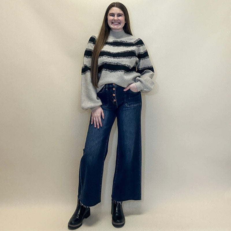 Striped Jacquard Knit Bubble-Sleeve Sweater