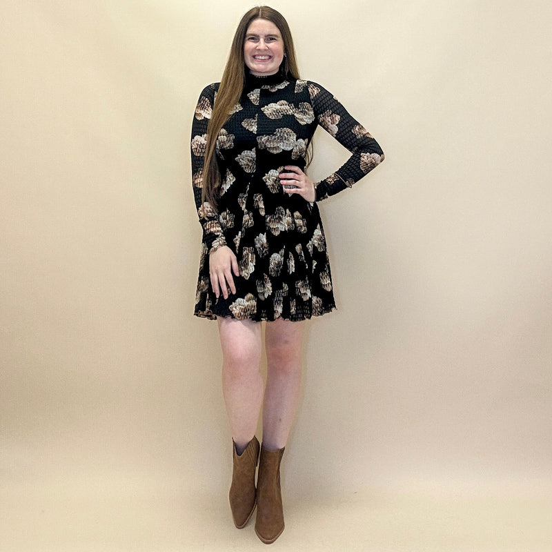 Floral Honeycomb Mesh Long Sleeve Dress