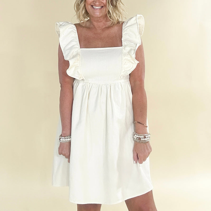 Cream Ruffle Sleeve Denim Dress