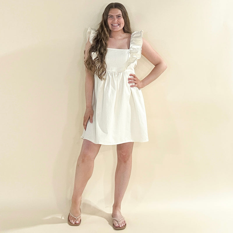 Cream Ruffle Sleeve Denim Dress