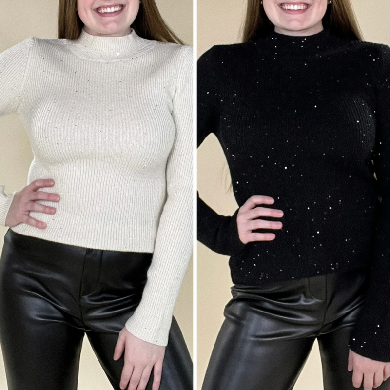 Mock Neck Sequin Sweater Knit Top