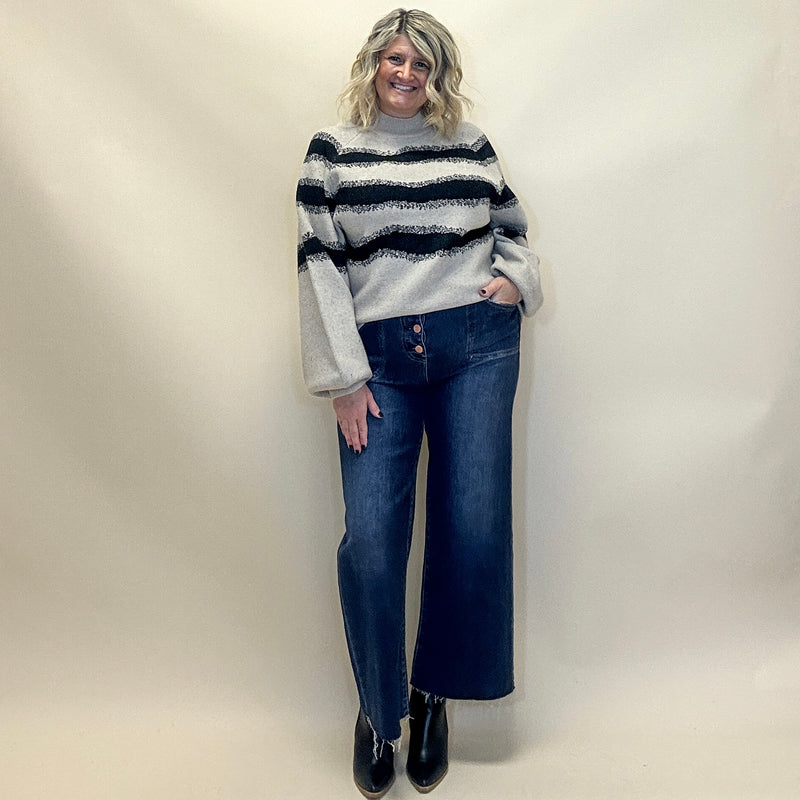 Striped Jacquard Knit Bubble-Sleeve Sweater