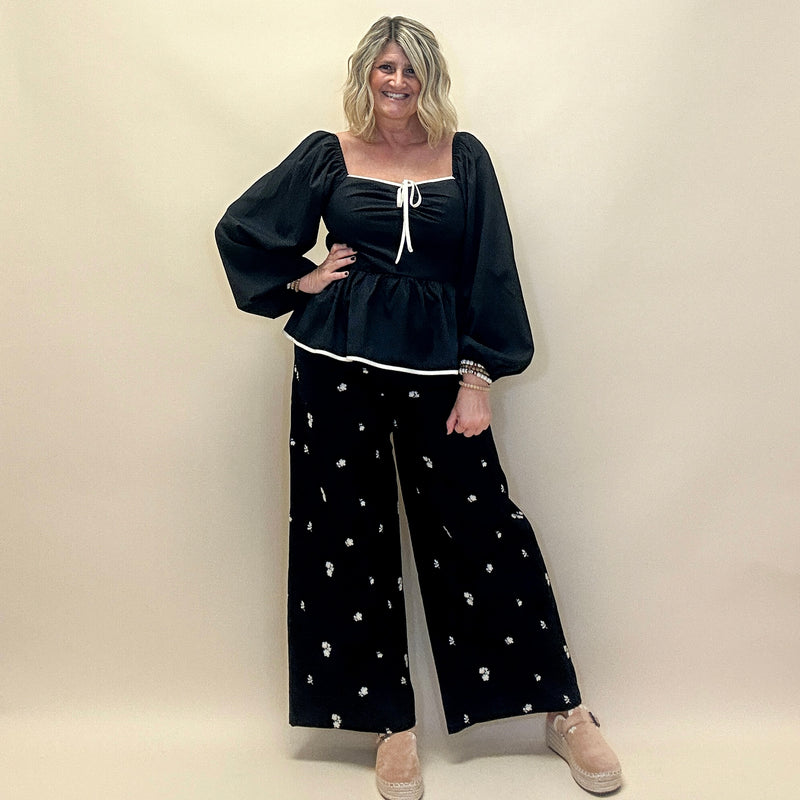 Embroidered Wide-Leg Pants