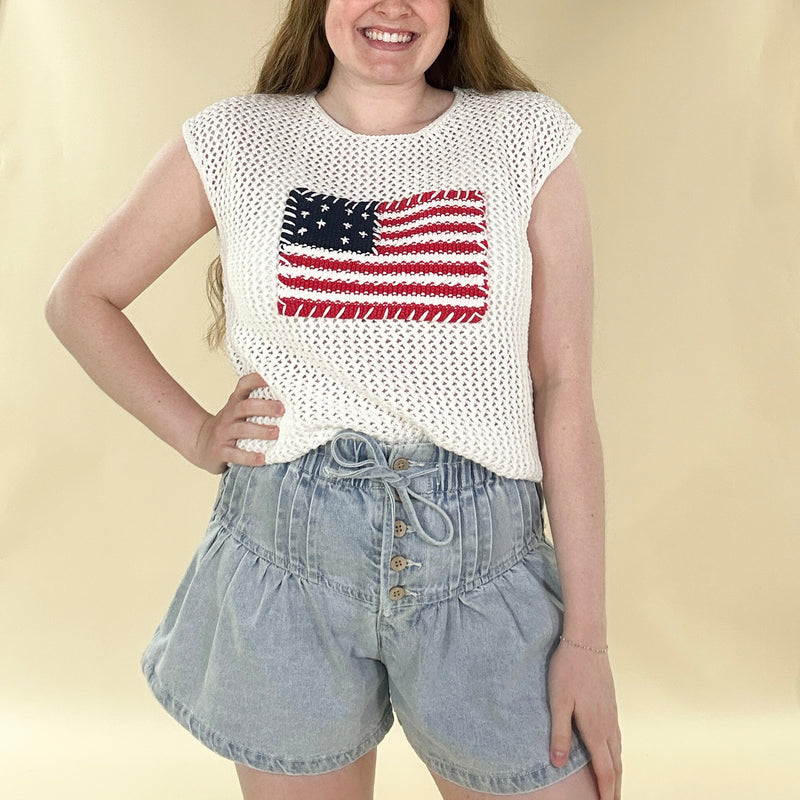 American Flag Crochet Knit Sweater Top