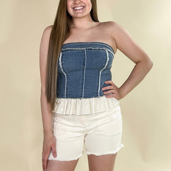 Denim Ruffle Lace Tube Top