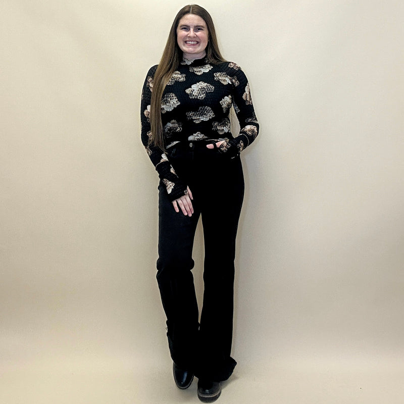 Floral Honeycomb Mesh Mock-Neck Top