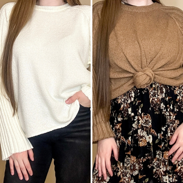 Textured Knit Ribbed-Sleeve Sweater