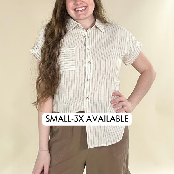 Stripe Collared Short Sleeve Linen Shirt